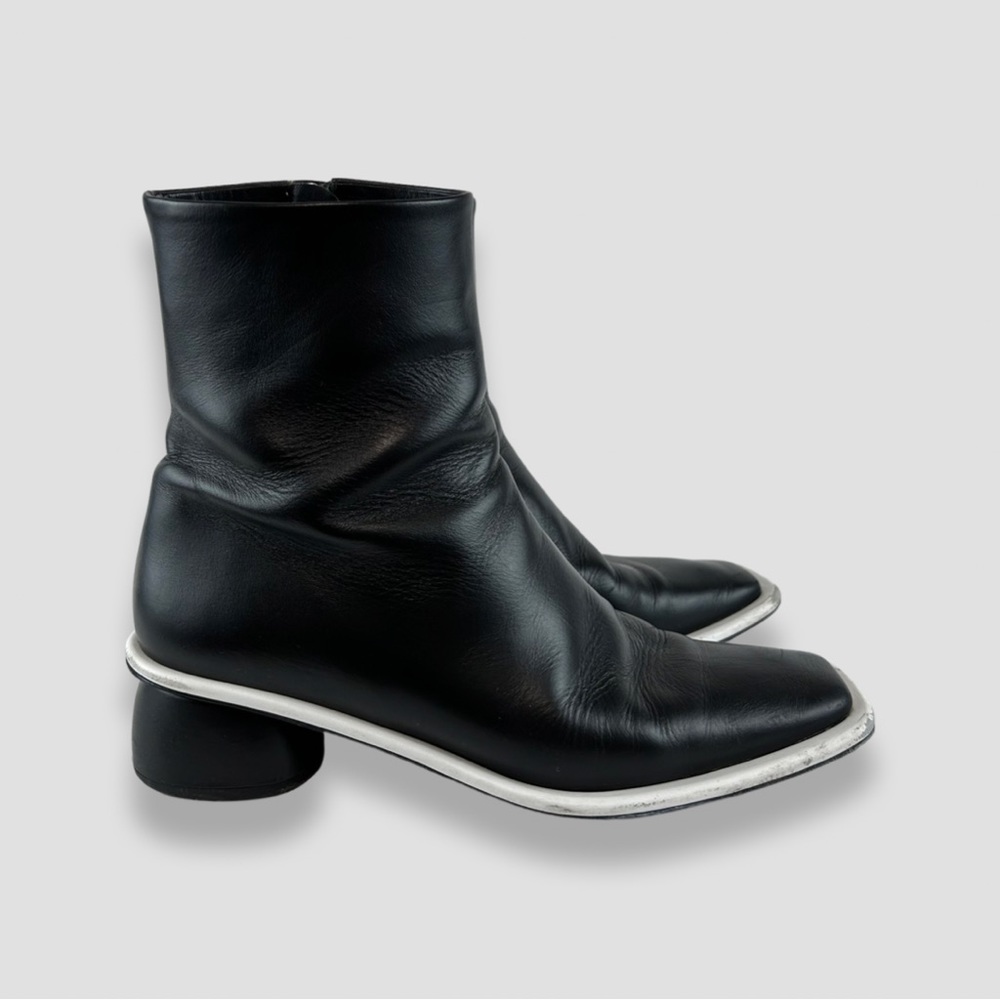 Black Leather Ankle Booties with Contrasting Trim